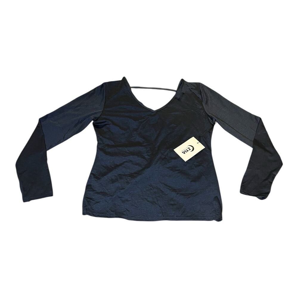 Zyia Active NWT V Back Vibe Cover Sport Top Open Back Long Sleeve Navy Blue Lg